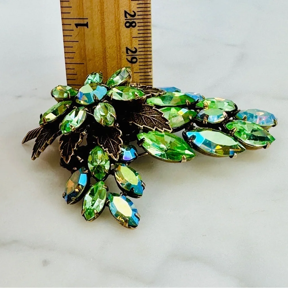 Vintage Signed Regency Brooch Pin Green Blue AB Navette Rhinestone Rare 50s 60s